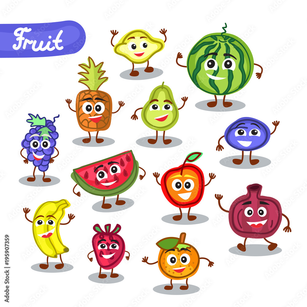 Funny, cute fruit with smiling human face isolated on white background.