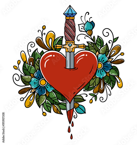 Red heart decorated with flowers pierced with dagger. Tatoo dagger piercing heart with dripping blood.Love. Old school