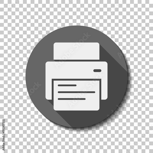 printer and paper. White flat icon with long shadow in circle on transparent background