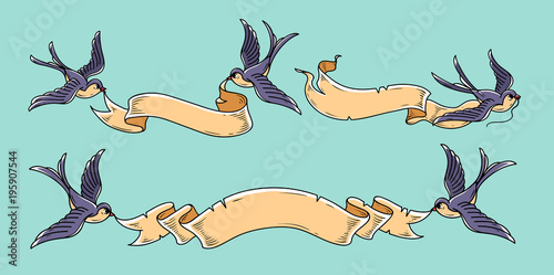 Swallows fly with ribbons.Vintage ribbon for design of wedding invitation, greeting card, retro banner, tattoo.