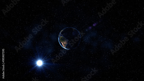 Planet Earth rotate, spinning on its axis in black and blue Universe of stars. Africa and Europe day and night city lights changes. High detail 3D Render. Elements of this image furnished by NASA