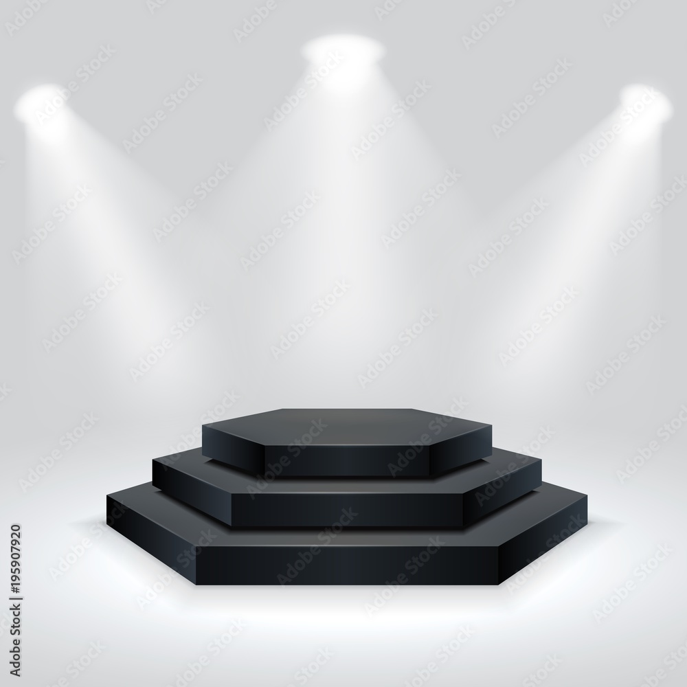 Obraz premium Hexagon podium illuminated by spotlights. Empty ceremony pedestal. Vector illustration.