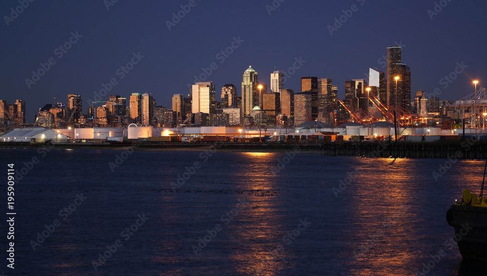 After Sunset Downtown City Skyline Seattle Washington Port Waterfront