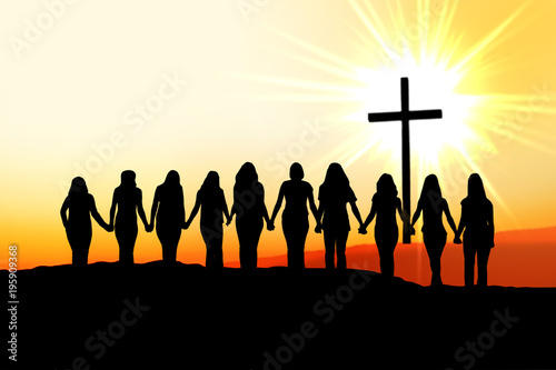 Valokuvatapetti Christian women friendship silhouette walking towards the cross in the light