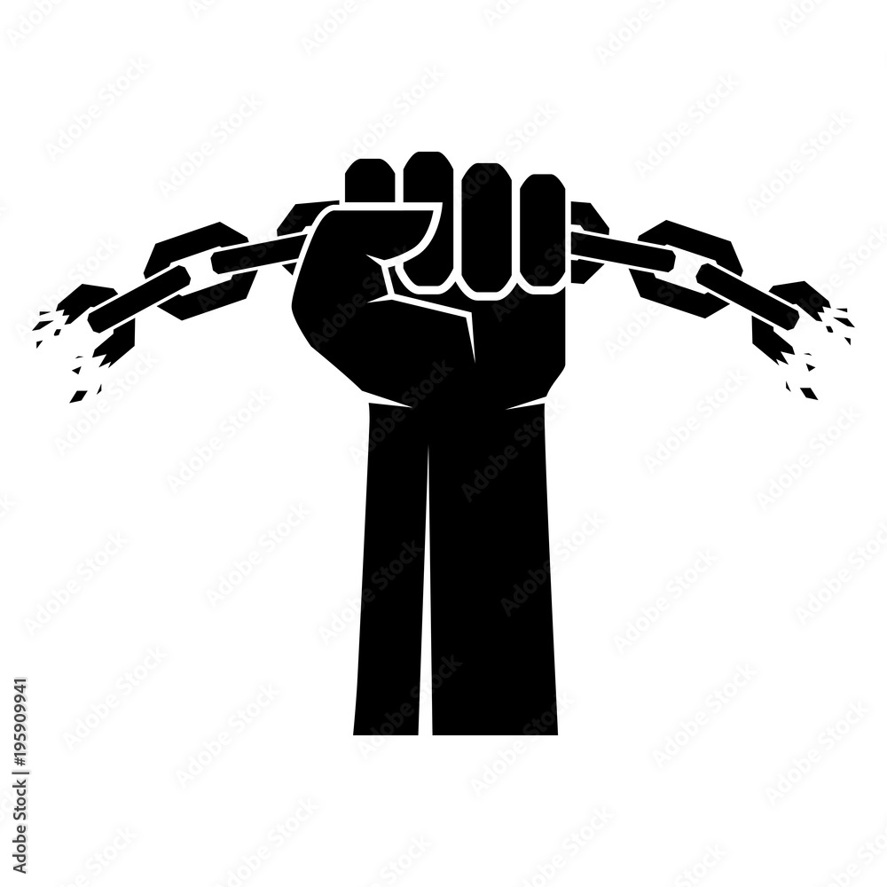 Breaking chain protest, rebel vector poster. Human hands and broken