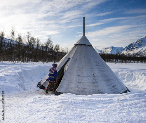 Traditional Sami reindeer-skin tents (lappish yurts) in Tromso .reindeer breeder