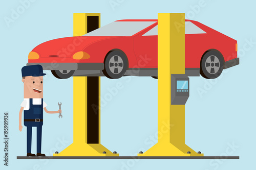 Broken car in auto repair shop being fixed on car lift with friendly smiling mechanic professional holding wrench. Auto service. Vector illustration