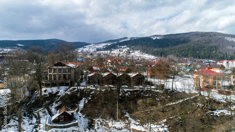 Aerial view of Carpathian mountains in winter, Yaremche, Ukraine.