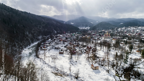 Aerial view of Carpathian mountains in winter, Yaremche, Ukraine.
