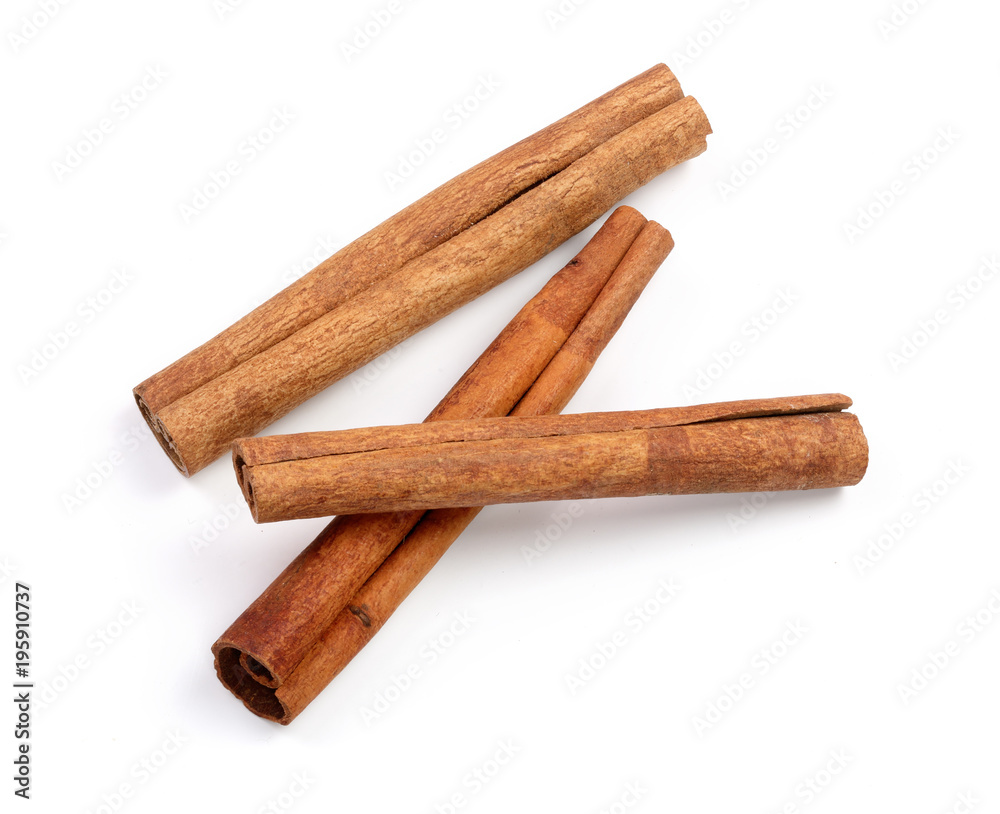 Cinnamon sticks isolated on white background. Top view