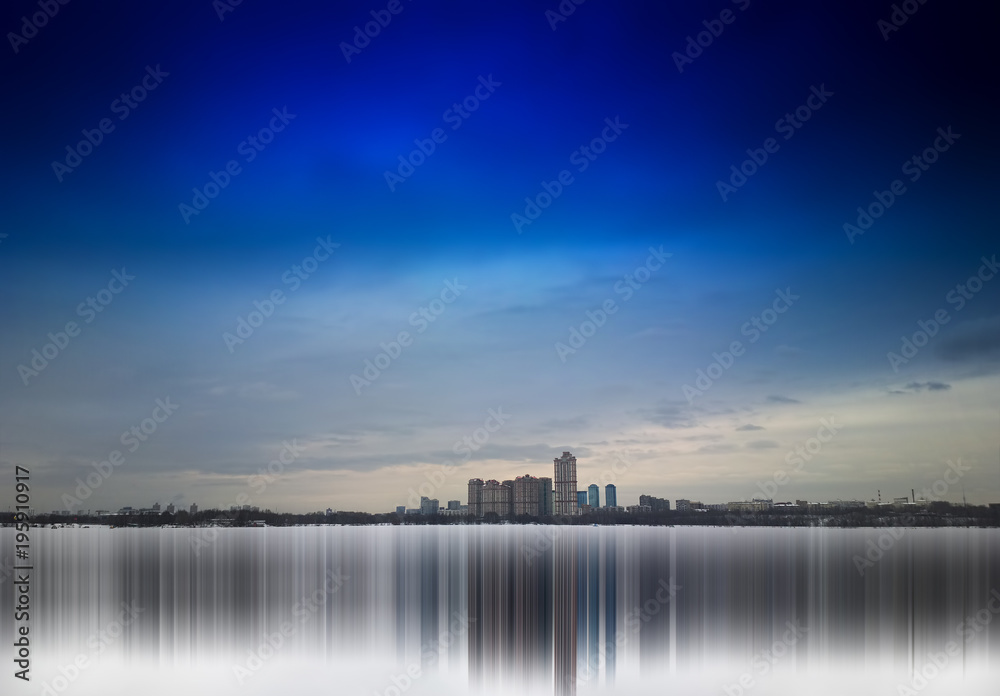 Strogino district buildings with dramatic reflections background