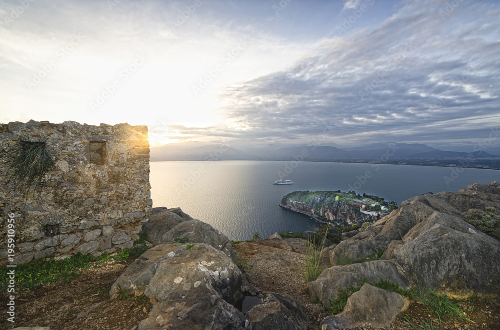 View from castle  Palamidi/ Panoramic view of the sunset from fortress Palamidi in Nafplion