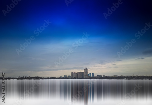Strogino district buildings with dramatic reflections background