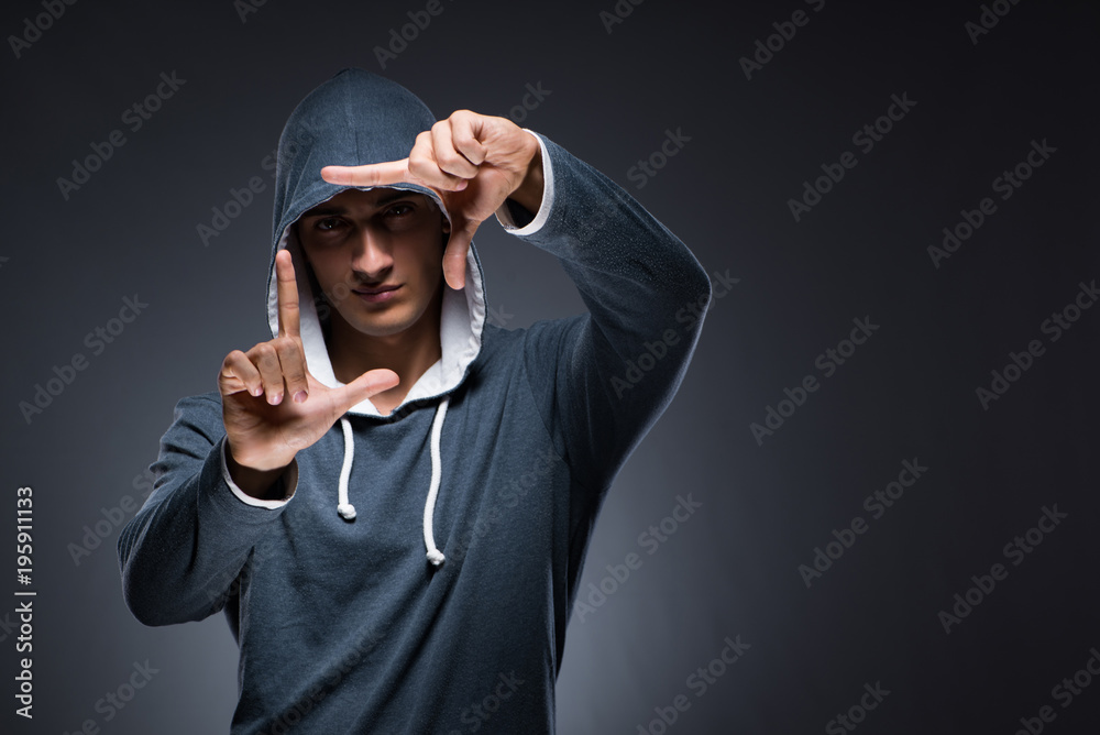 Innovation concept with young man pressing virtual buttons Innovation concept with young man pressing virtual buttons