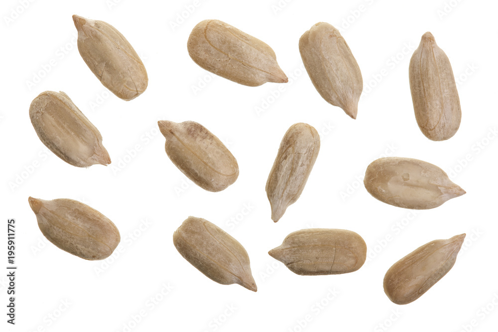 Obraz premium Peeled Sunflower seeds isolated on white background. Top view