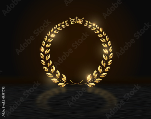 Detailed round golden laurel wreath crown award on dark background with reflection. Gold ring frame logo. Victory, honor achievement, quality product, anniversary. Vector illustration