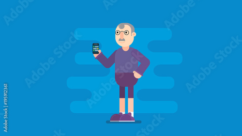 Idoso mostrando tela do smartphone confortavelmente. Personagem preparado para animação.