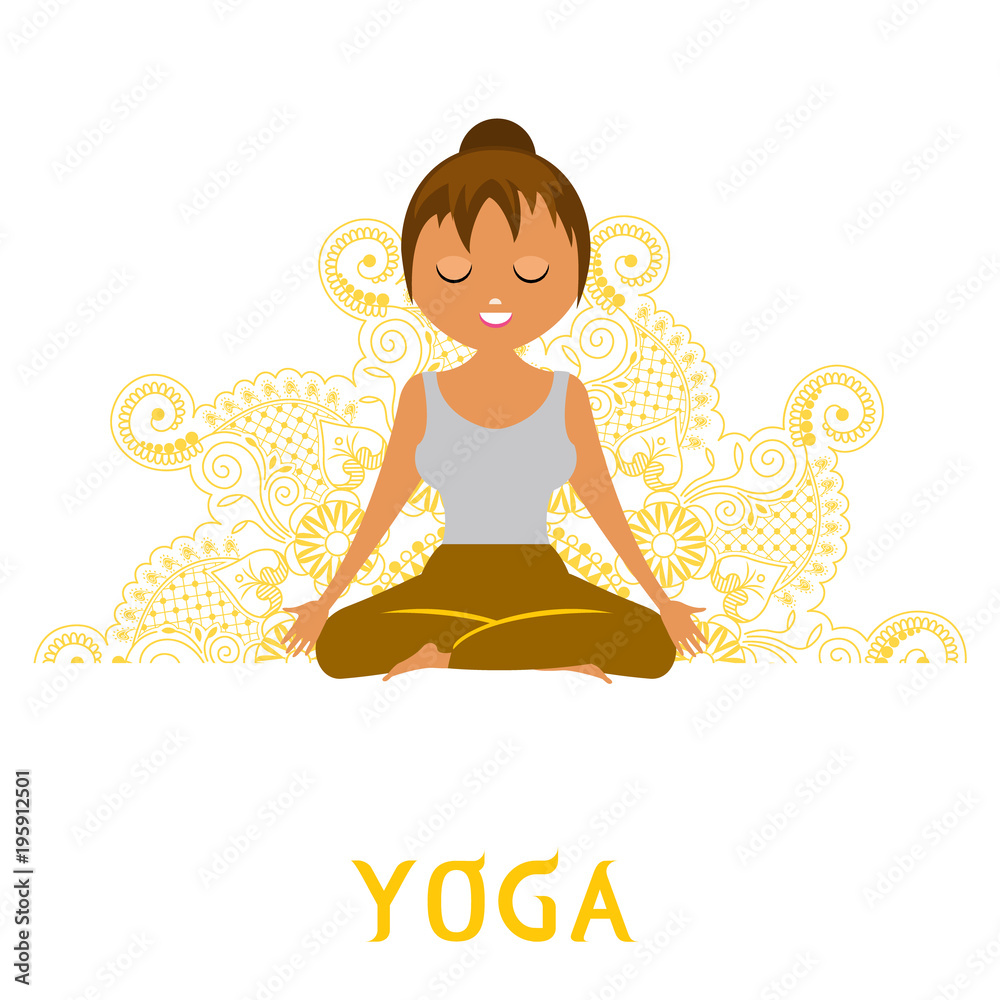 Girl doing yoga against a yellow mandala. One of the poses of a set of exercises. An isolated figure. Vector.