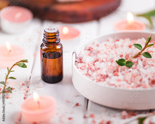 Essential oil for aromatherapy, flowers, handmade soap, himalayan salt.