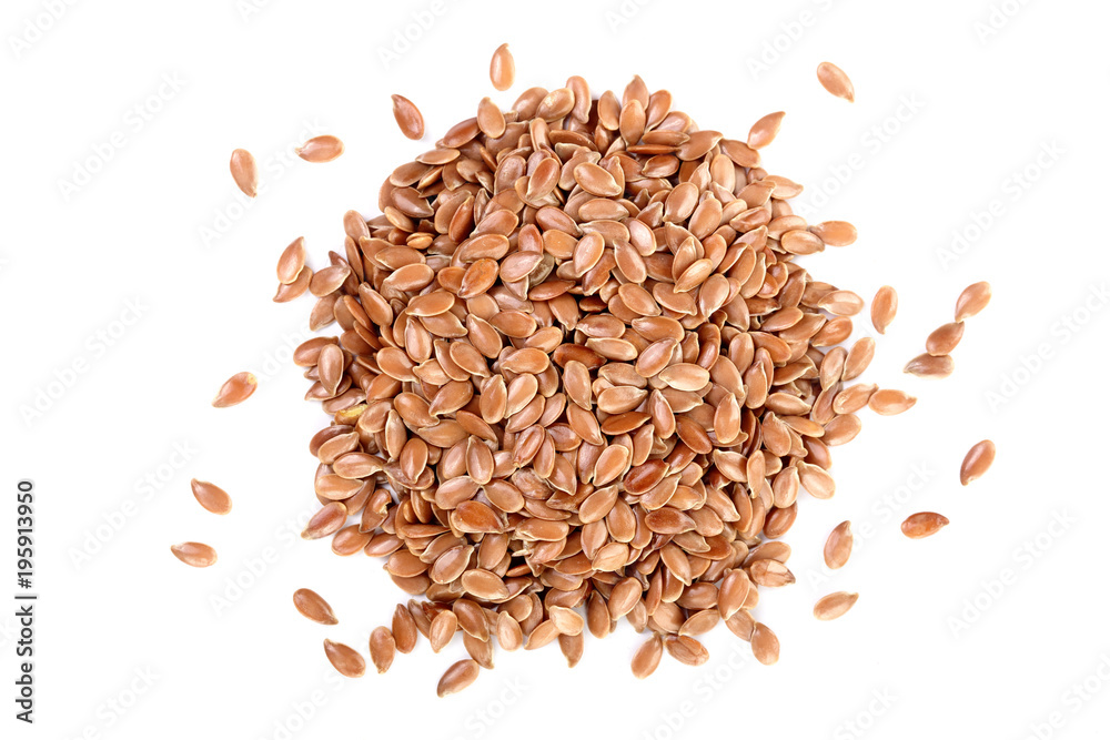 flax seeds isolated on white background. Top view - obrazy, fototapety, plakaty 