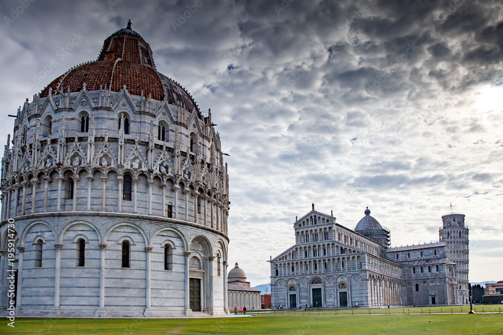 Pisa, Campo dei Miracoli - Baptistry, Cathedral, and leaning Tower