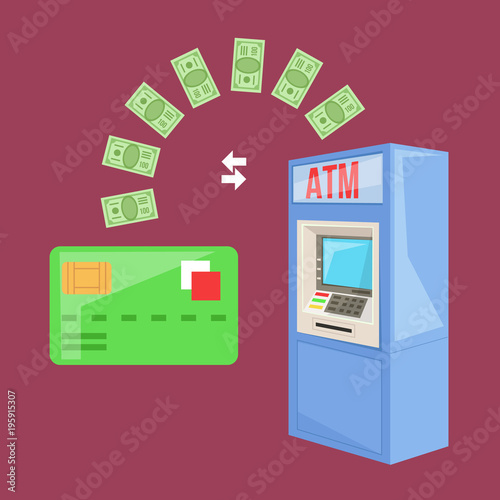 Money transaction from ATM machine to credit card concept. Vector flat cartoon illustration