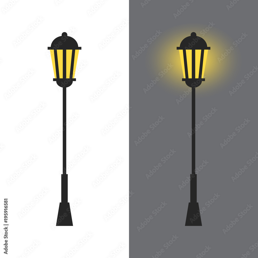 Vintage street lamp silhouette light isolated on white and grey background. Vector illustration of a light post in flat design. Stock Vector | Stock