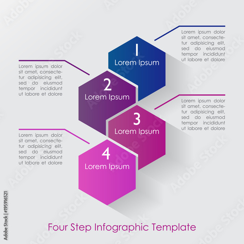 Four step hexagon pattern infographic chart or diagram with plenty of space for text and label.
