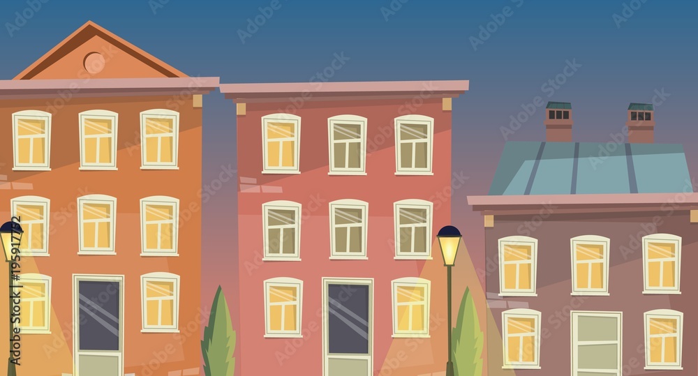 Cartoon building facade vector illustration, street, retro house background.