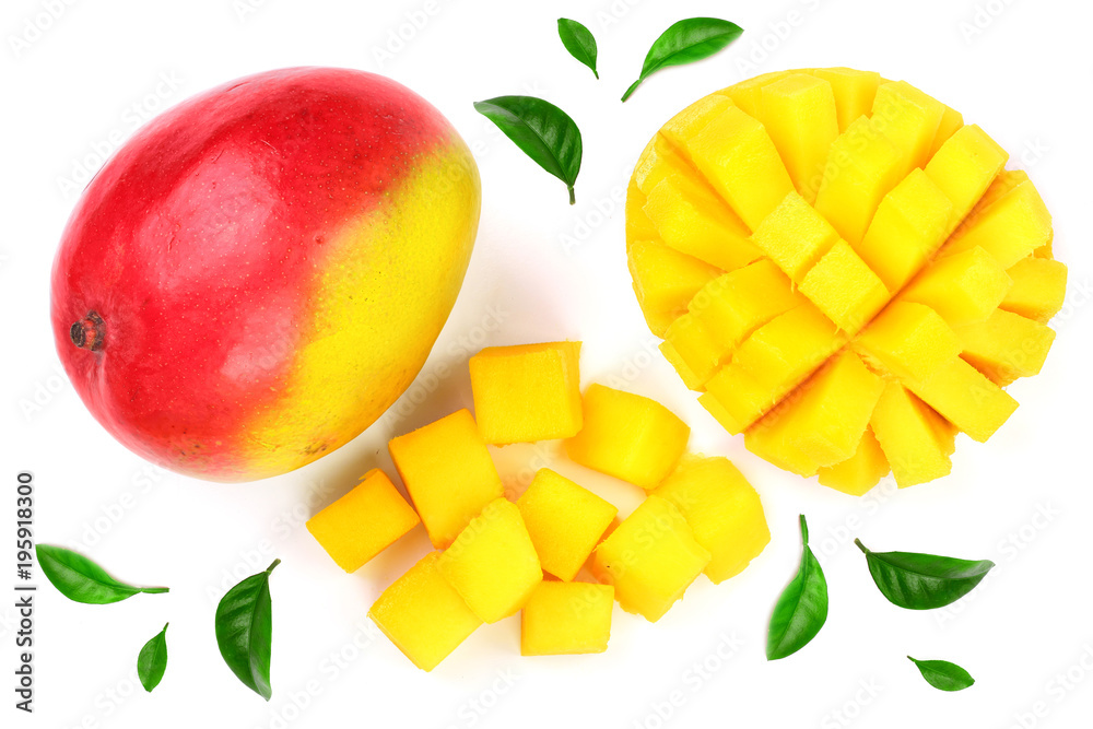 Mango fruit and half isolated on white background close-up. Top view. Flat lay Mango fruit and half isolated on white background close-up. Top view. Flat lay