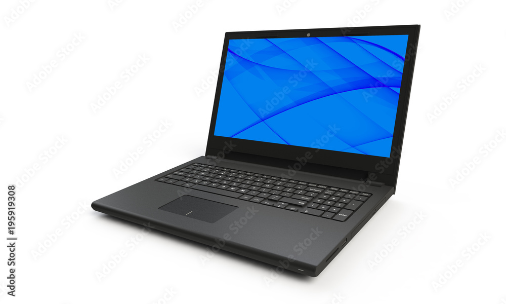 3d render of a black laptop isolated on white. The screen shows blue cyan flames and abstract wave image. the screen is open and facing forward 3d render of a black laptop isolated on white. The screen shows blue cyan flames and abstract wave image. the screen is open and facing forward