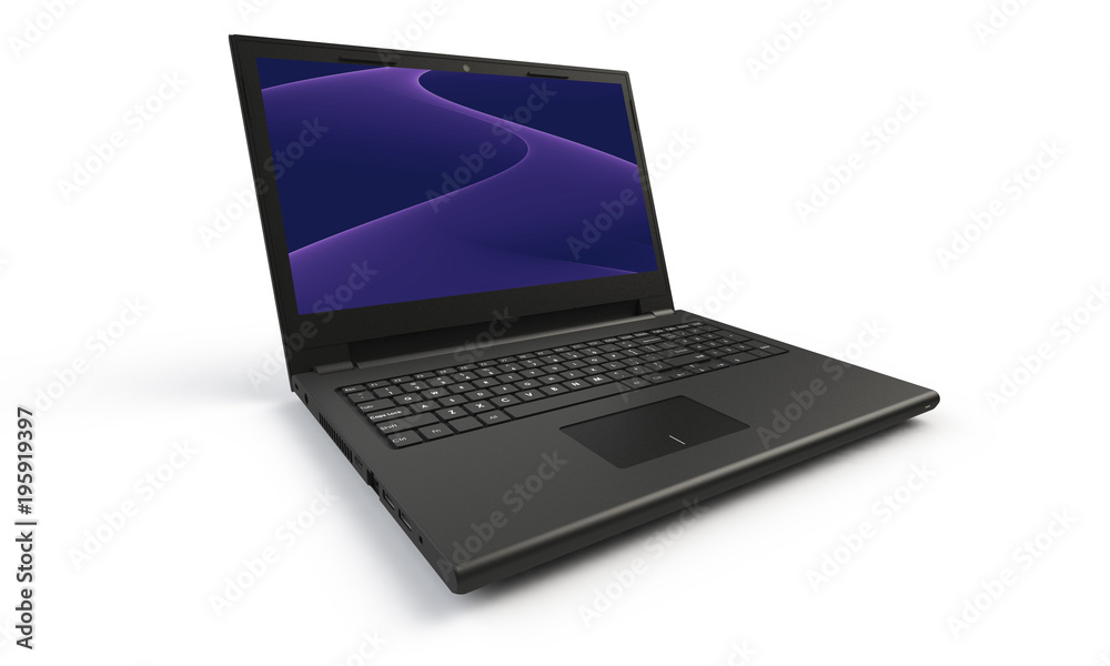 3d render of a black laptop isolated on white. The screen shows blue cyan flames and abstract wave image. the screen is open and facing forward 3d render of a black laptop isolated on white. The screen shows blue cyan flames and abstract wave image. the screen is open and facing forward