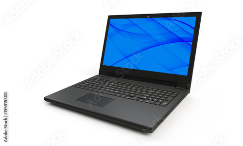 3d render of a black laptop isolated on white. The screen shows blue cyan flames and abstract wave image. the screen is open and facing forward