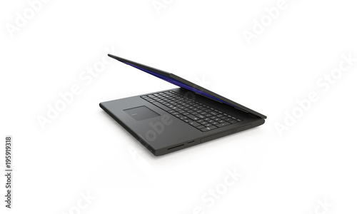 3d render of a black laptop isolated on white. The screen shows blue cyan flames and  abstract wave image. the screen is open and facing forward