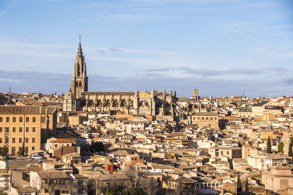 Panoramic view of the cathedral of toledo and adjacent houses. Spain