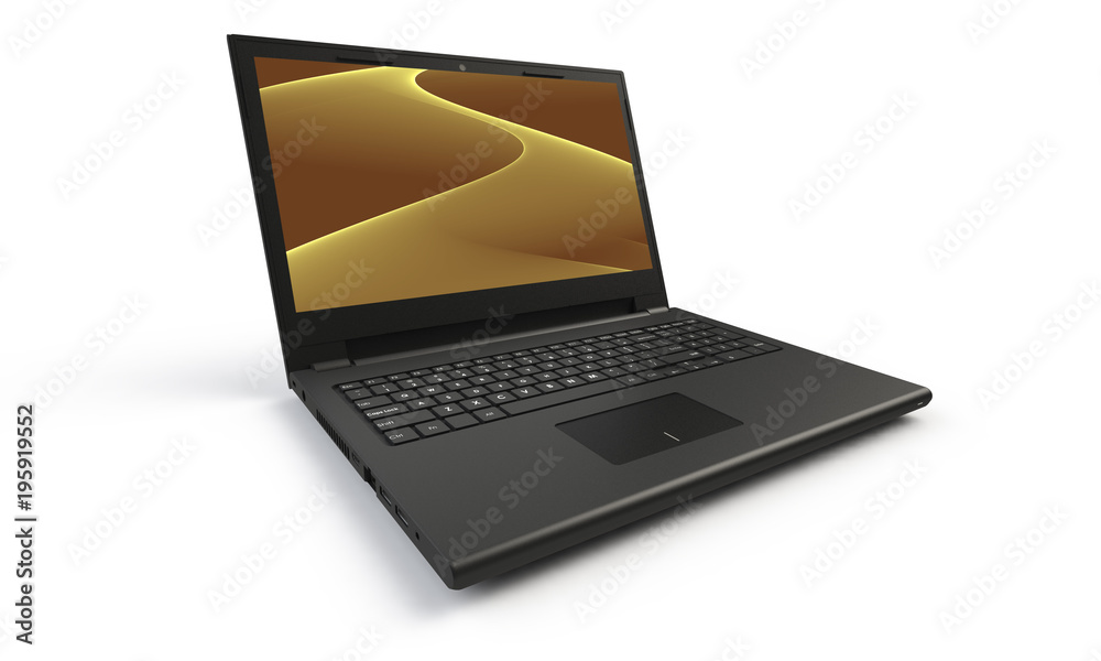 3d render of a black laptop isolated on white. The screen shows blue cyan flames and  abstract wave image. the screen is open and facing forward