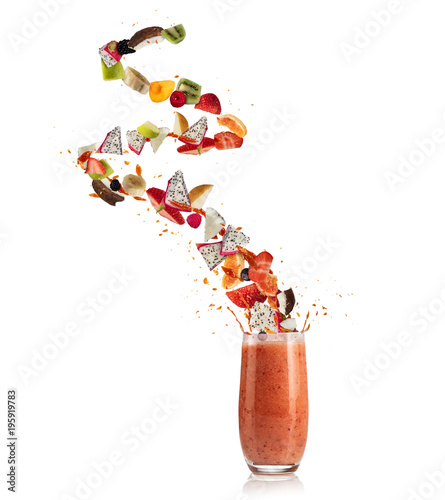 Smoothie drink with fruit flying ingredients