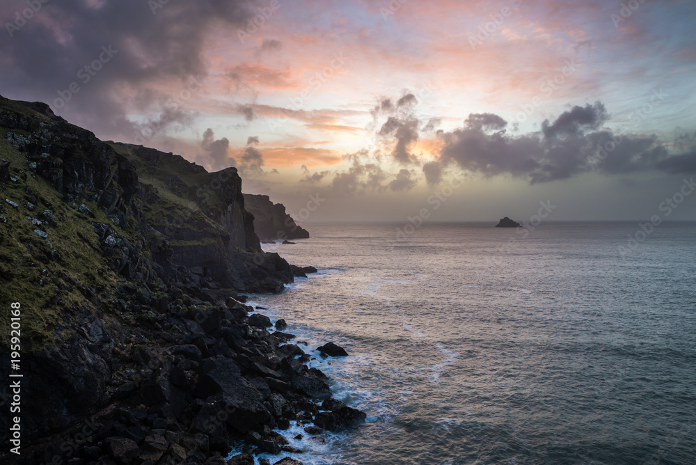 Sunset over the sea at Pentire point, Cornwall, UK