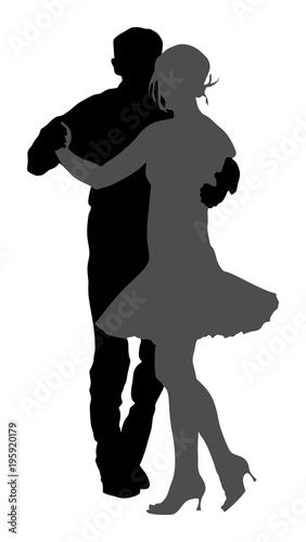 Elegant latino dancers couple vector silhouette illustration isolated on white background. Mature tango dancing people in ballroom night event.