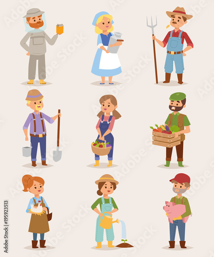 Vector farmers cartoon people with organic village food, flowers and animals. Summer character vegetables garden harvest farmers people. Agriculture farmers people work plant nature gardening