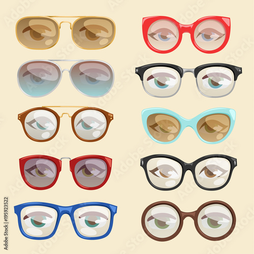 vector cartoon glasses face eyes cartoon eyeglass frame or sunglasses in shapes and accessories for hipsters fashion optical framing spectacles eyesight view set illustration isolated on background