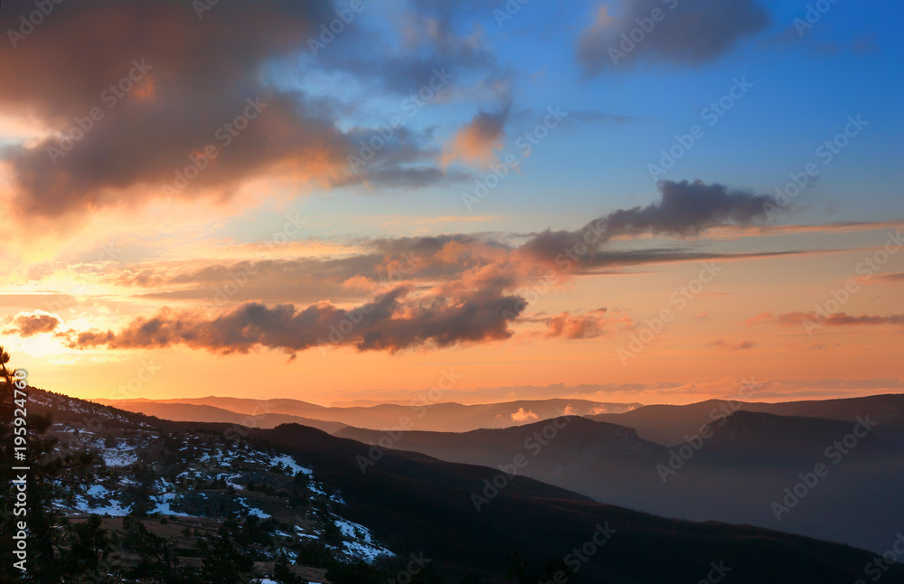 Warm sunset in wintry mountains, Crimea