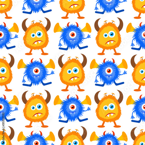 Funny cartoon blue and yellow fluffy monster seamless pattern. Background, fabric, wrapper, backdrop.Vector file not cropped - clipping mask used for easy editing