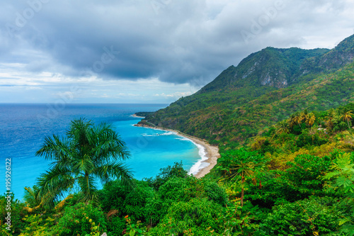 Fototapeta Naklejka Na Ścianę i Meble -  delightful natural wild landscape with rocky mountains overgrown dense green jungle tree, palm and clear azure water of sea ocean