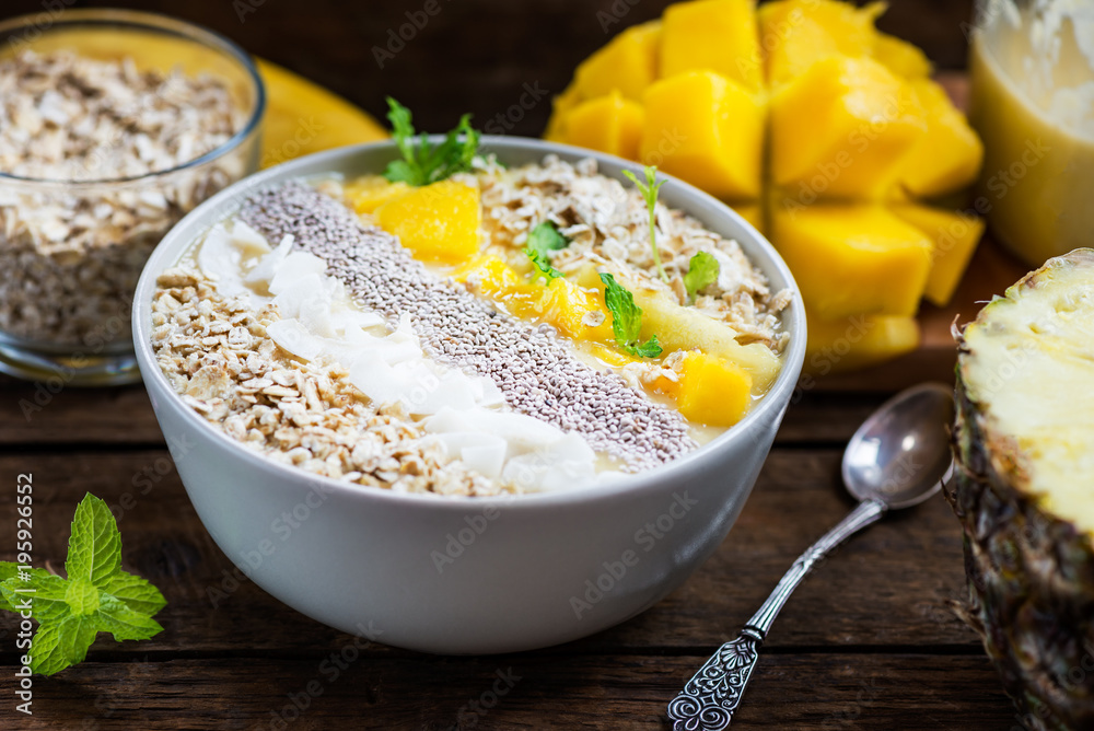 Mango, Banana, Pineapple and Oatmeal Smoothie in the Bowl Mango, Banana, Pineapple and Oatmeal Smoothie in the Bowl