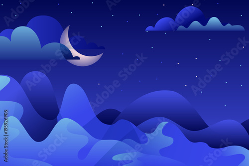 Abstract night landscape, vector hand drawn illustration. Blue mountains and moon on sky. Nature horizontal background with copy space.