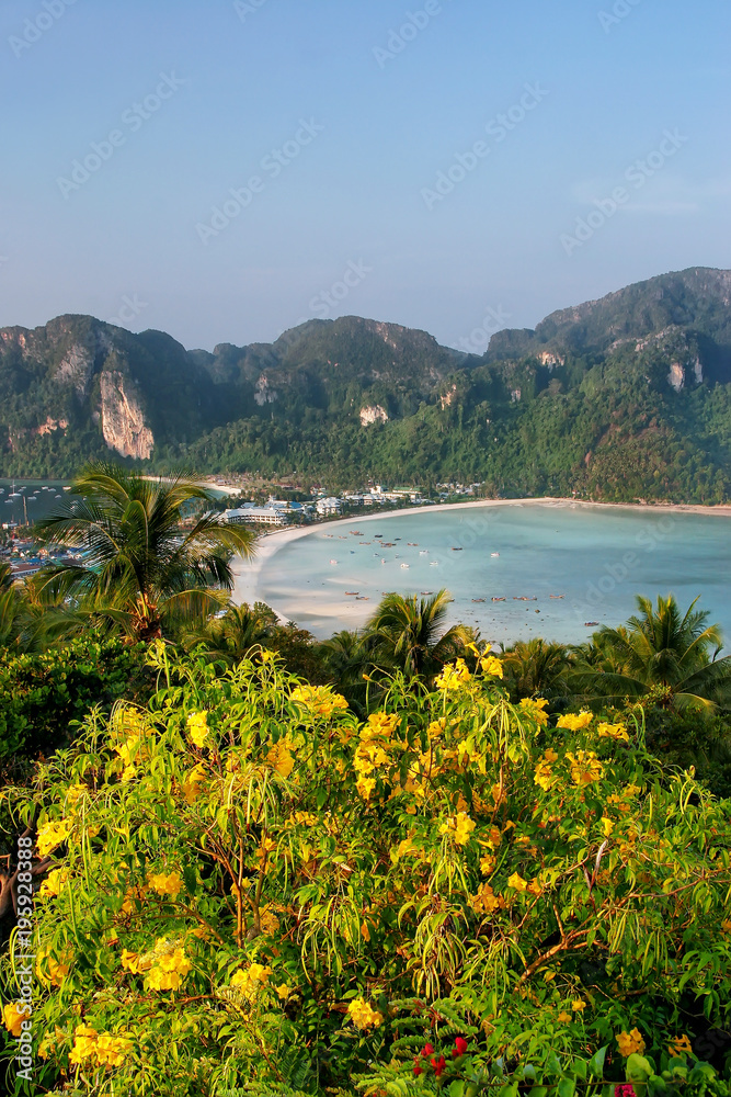 View of Phi Phi Don Island from an overlook, Krabi Province, Thailand.