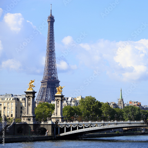 Eiffel Tower Paris France river seine alexandre or alexander bridge square format blue sky clouds distance photo © david_franklin