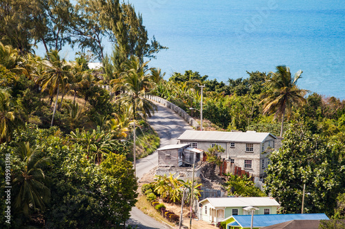 Panoramic View of a Small Tropical Town, Road and Caribbean Sea, in Barbado