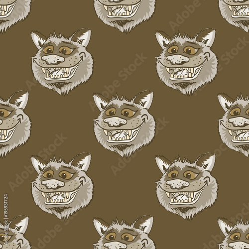 Fototapeta Naklejka Na Ścianę i Meble -  Funky wolf smiling seamless pattern. Cartoon style pattern design.